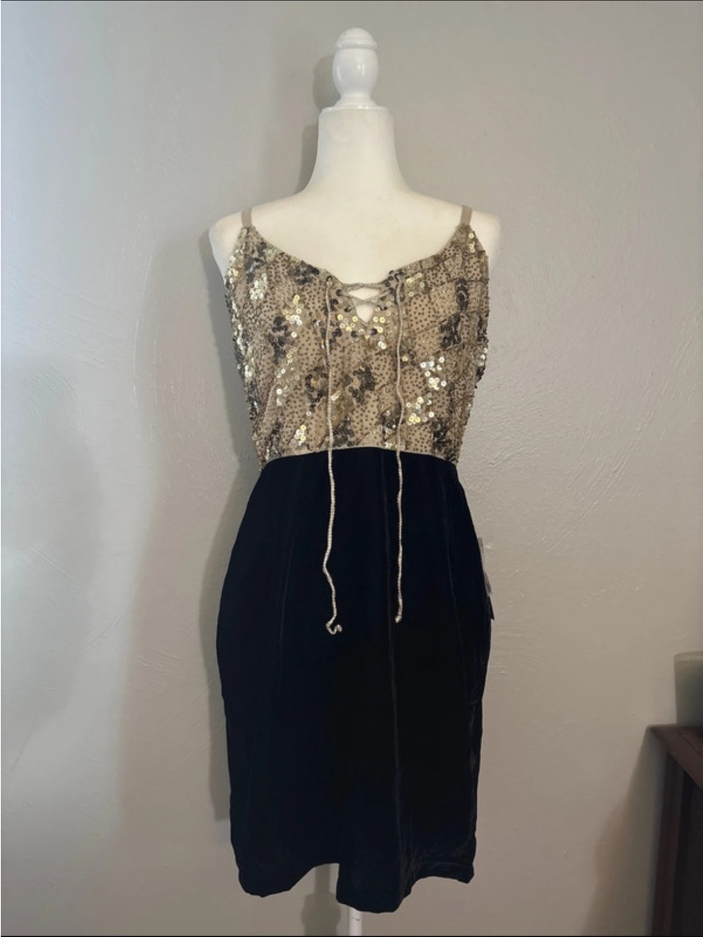 NWT Venus Sequined Snake-Print & Black Velvet Spaghetti Strap Dress